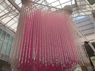 ピンク色の長くて大きな吹き流しが吊るされて飾ってある
